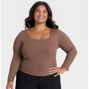 A New Day Women's Slim Fit Long Sleeve Corset Top Brown Size XL